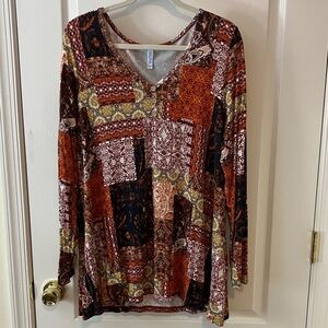 Boho Patchwork V-Neck Long Sleeve Top in Rust Multi